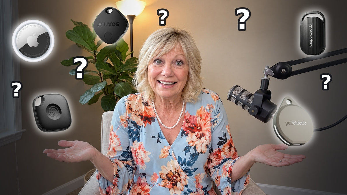 Susan Miller shrugging beside five key trackers