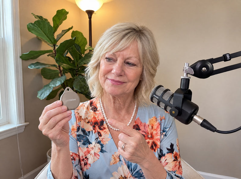 Susan Miller holding a Pebblebee Clip