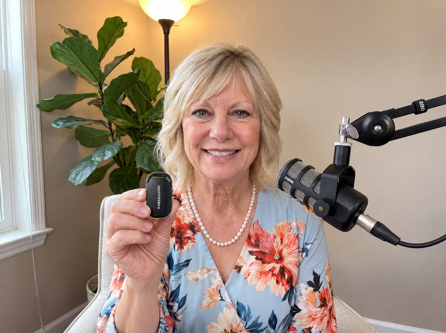 Susan Miller holding the Spotminders Rechargeable Smart Tag