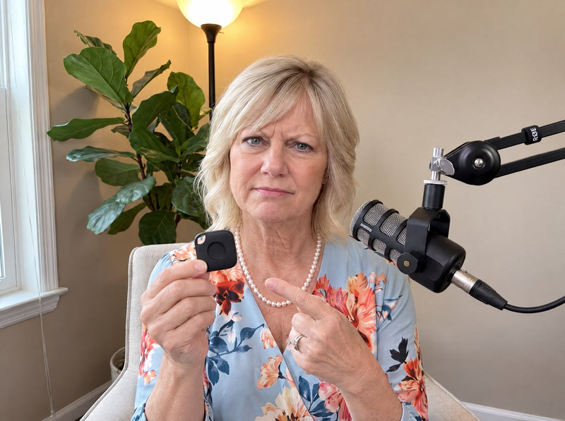 Susan Miller holding a Tile Mate